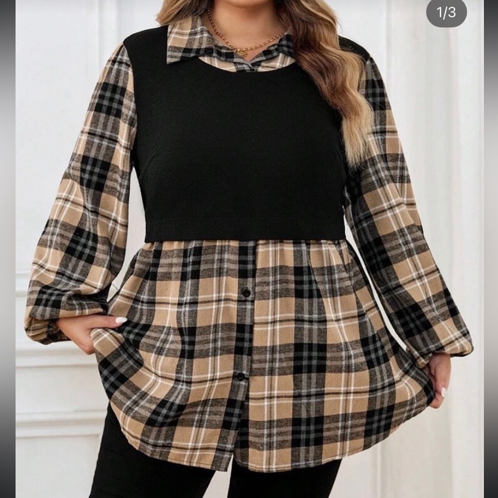 SHEIN Curve Layered Top Black Tan Plaid 1XL